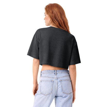 Washed black garment-dyed cropped tee, back view showing the cropped shape and oversized sleeves