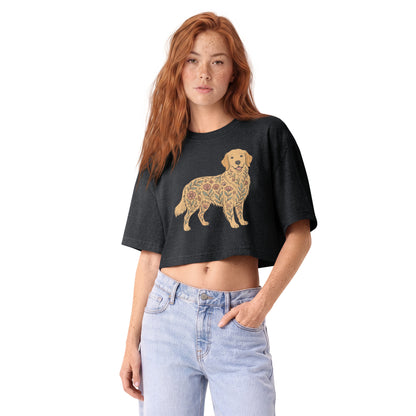 Folk-art golden retriever patterned with flowers on a washed black garment-dyed cropped tee, front view
